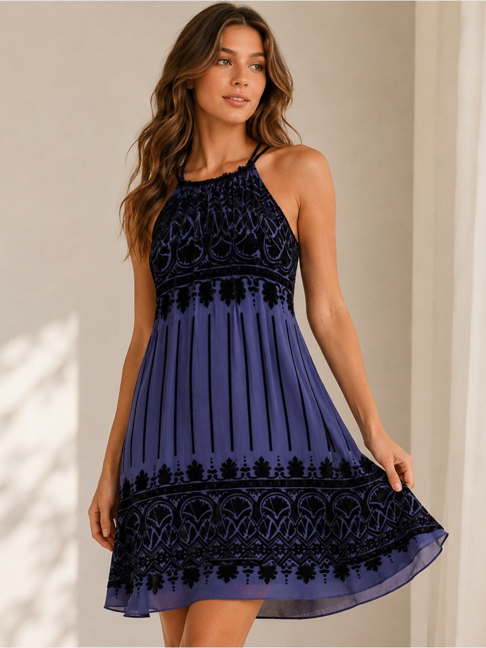 Max Studio Blue Burnout Velvet Maxi Dress M Boho Art Nouveau Halter